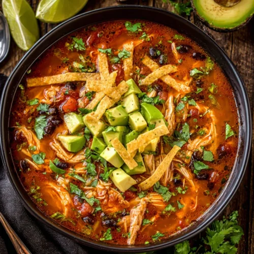 A hearty chicken tortilla soup, packed with flavor and fresh toppings.