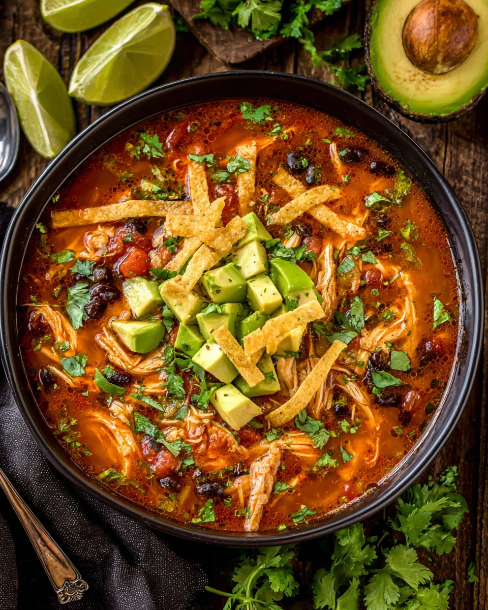 A hearty chicken tortilla soup, packed with flavor and fresh toppings.