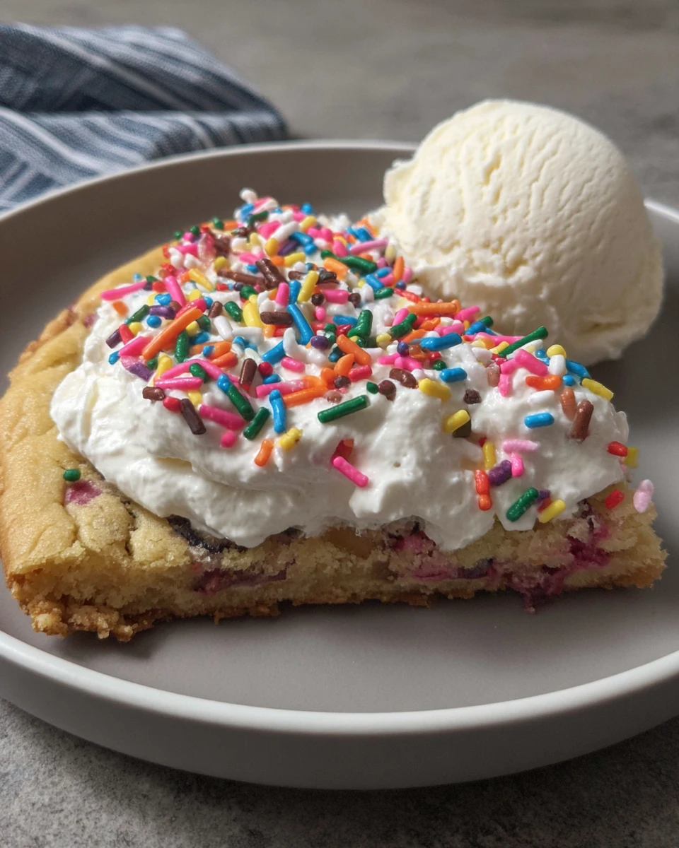 Delicious cookie cake with sprinkles and ice cream.