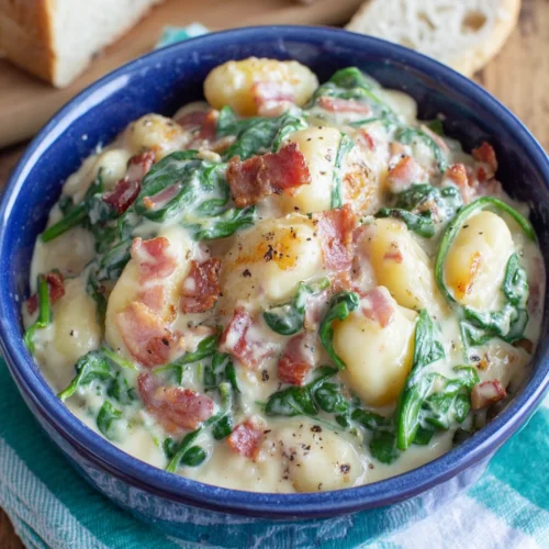 Bacon Gnocchi: A Creamy Delight 1 Delicious creamy bacon gnocchi recipe featuring spinach and peas.