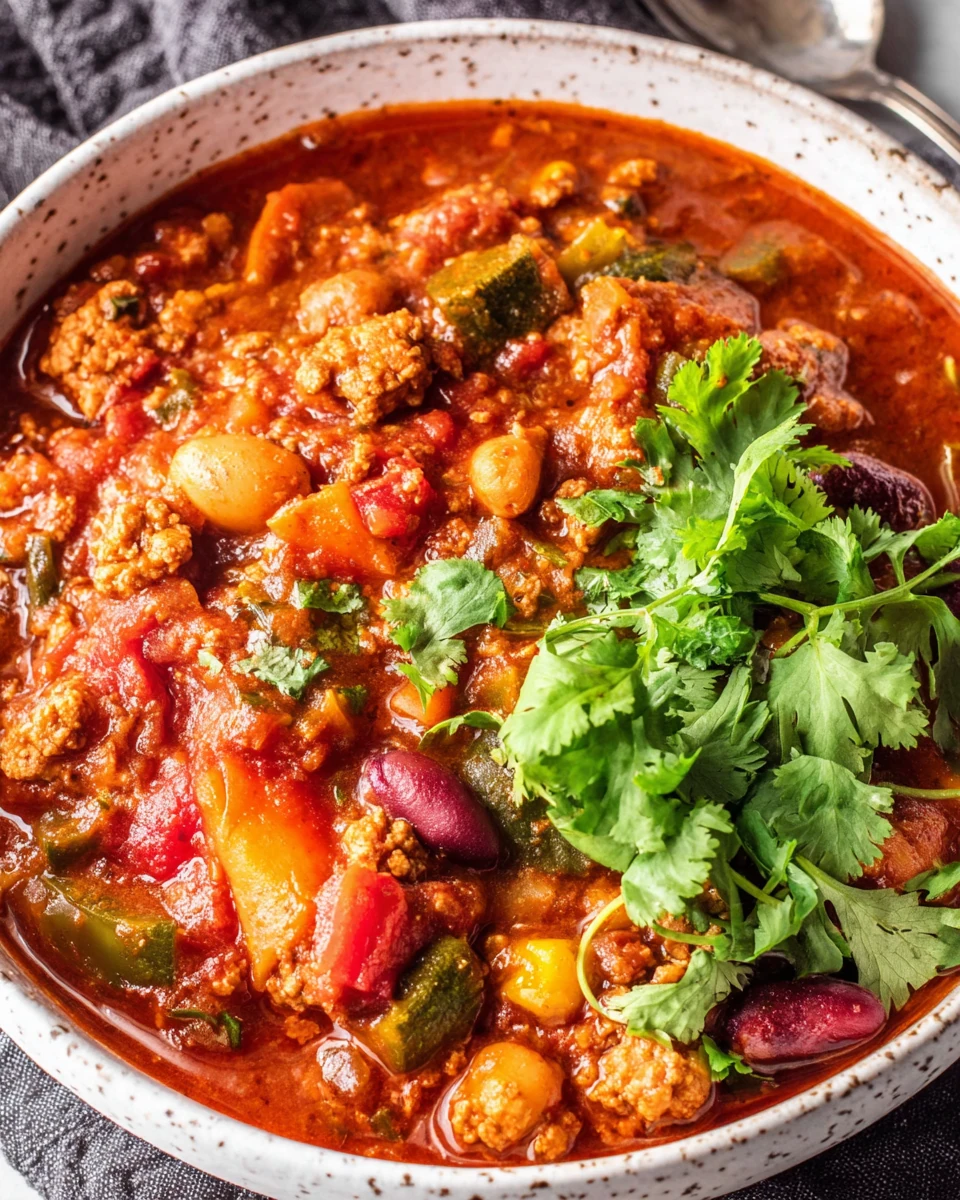 Delicious crockpot chili with ground turkey, beans, and vegetables.