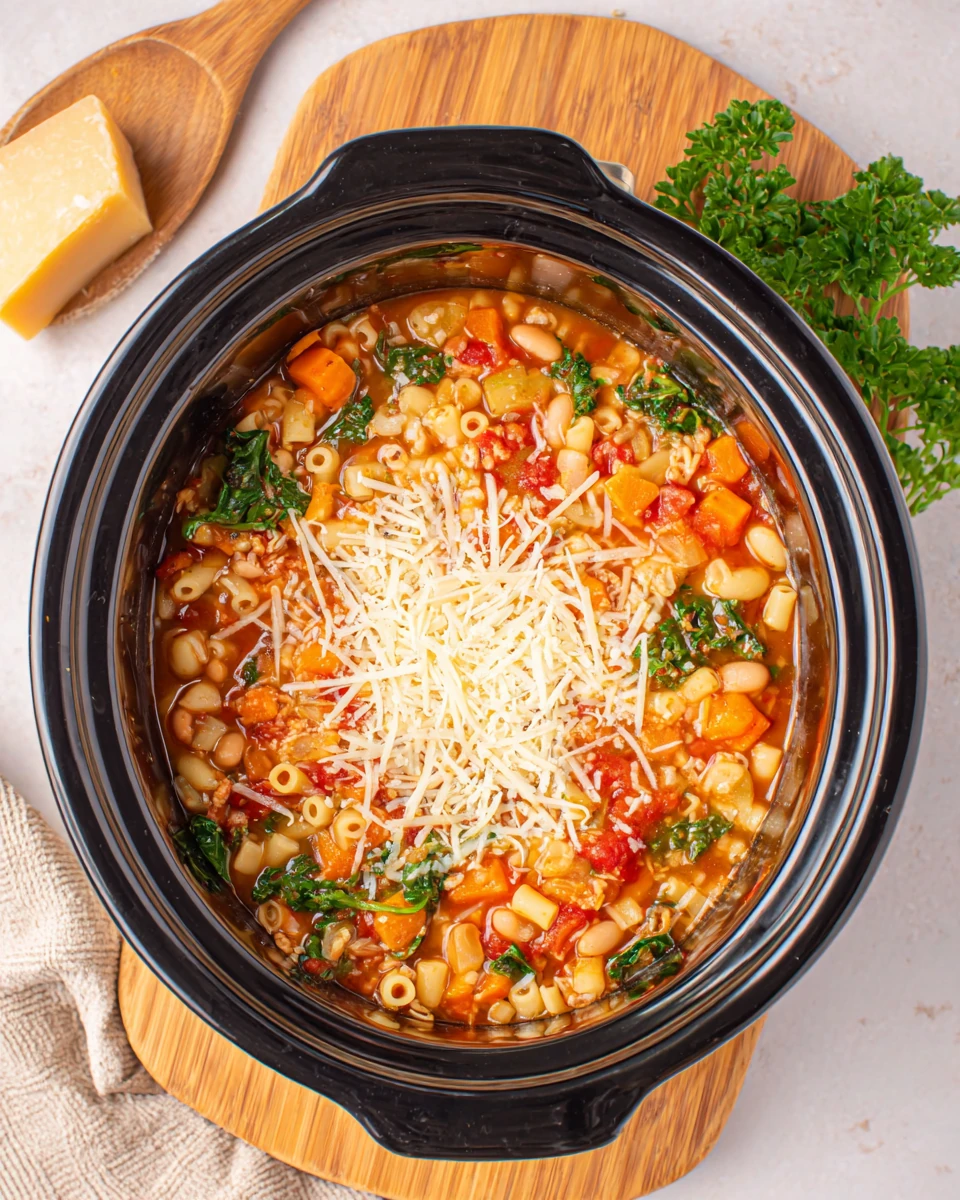 Comforting crockpot soups filled with vegetables and pasta.