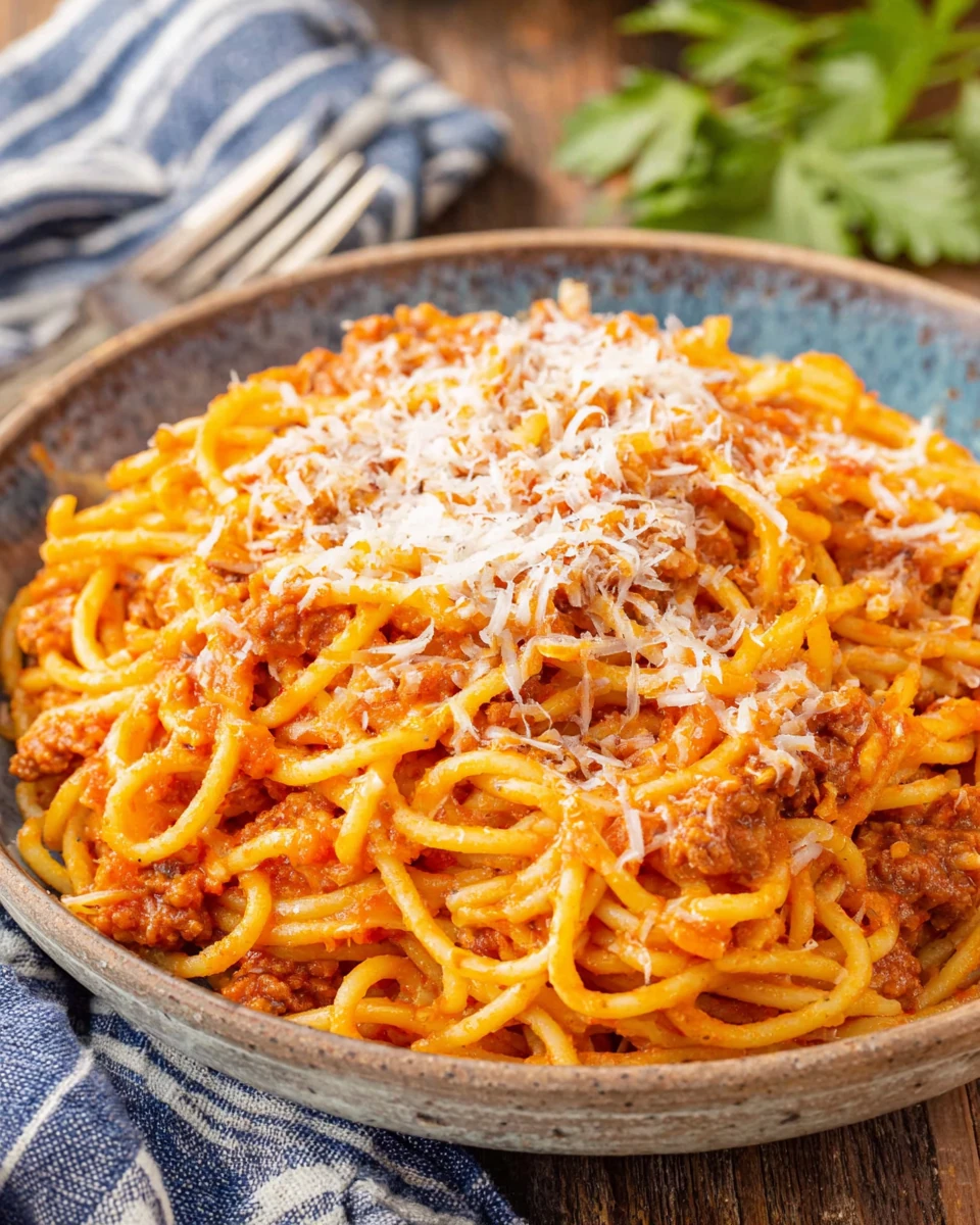 Delicious crockpot spaghetti with creamy sauce and Parmesan cheese