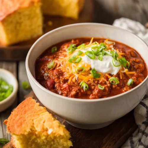 Delicious crockpot turkey chili with cheese and green onions on top.