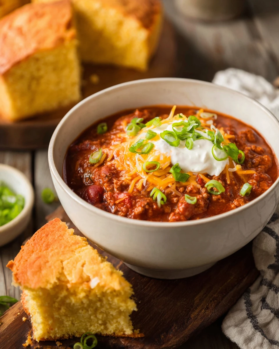 Delicious crockpot turkey chili with cheese and green onions on top.