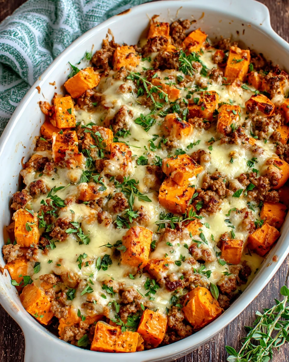 Delicious ground turkey bake with sweet potatoes and cheese.