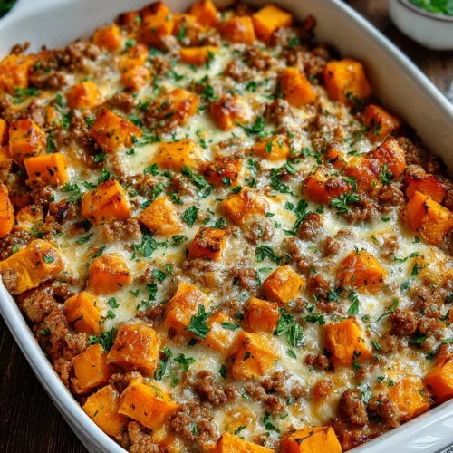 Delicious ground turkey bake with creamy sweet potatoes and cheese.