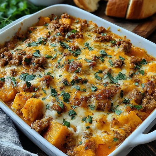 Delicious ground turkey casserole with sweet potatoes and melted cheese.