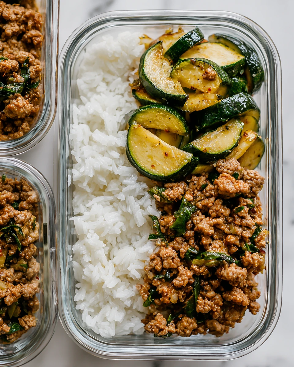 ground turkey meal prep with zucchini and rice in glass meal-prep container
