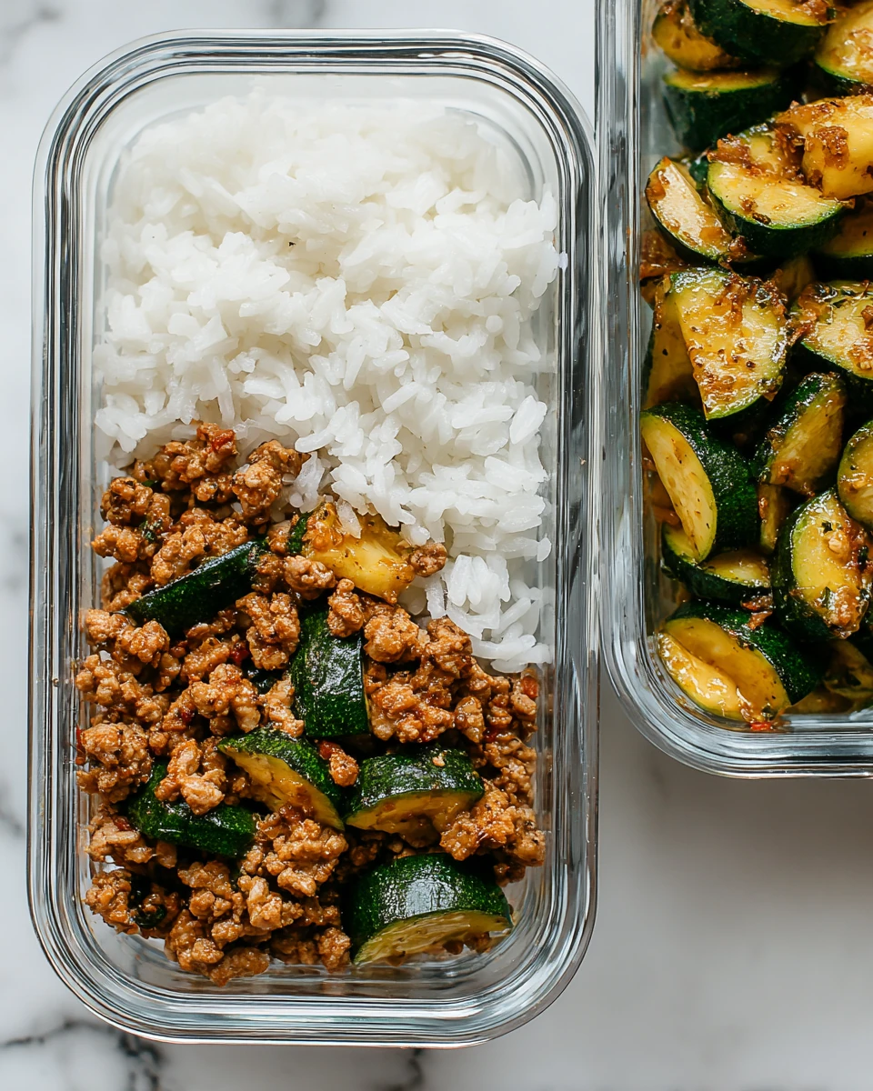 Ground turkey meal prep: glass container with rice, seasoned turkey, and sautéed zucchini