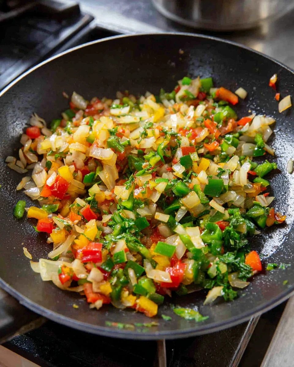 Sautéed onions and bell peppers for a ground turkey meal.