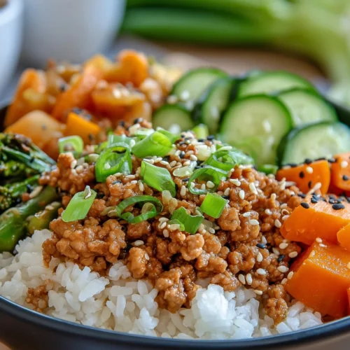 Savory ground turkey rice bowl with colorful veggies and sesame seeds.