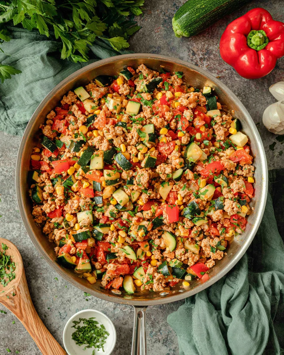 Delicious ground turkey skillet packed with veggies for quick weeknight dinners.
