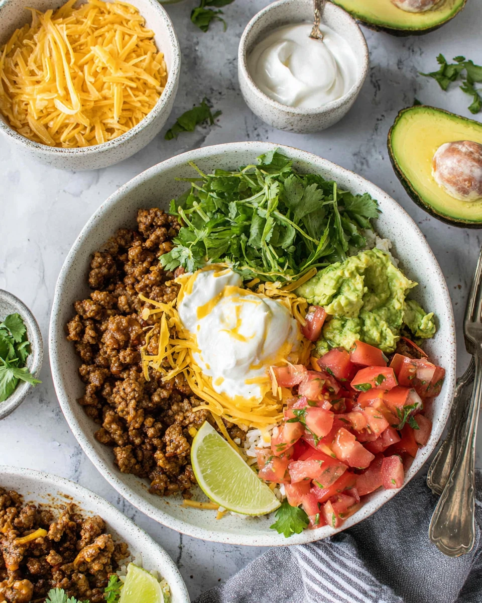 Healthy ground turkey taco bowl with lime-infused rice.