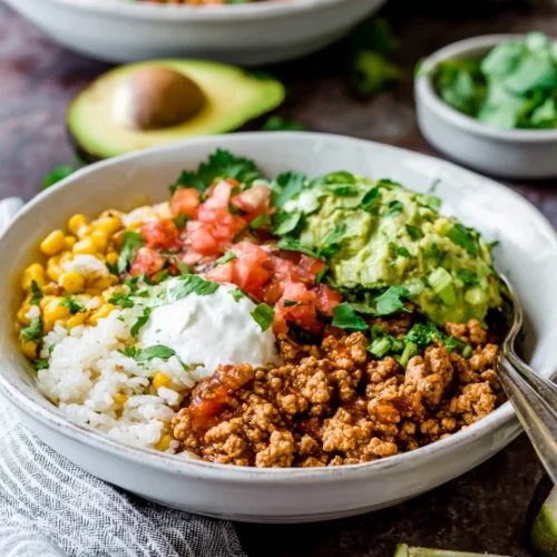 Delicious ground turkey taco bowl packed with flavor.