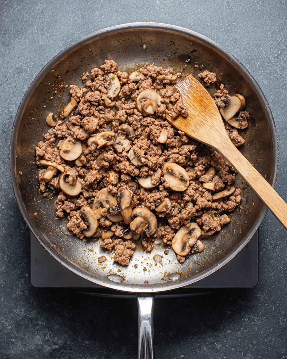 Delicious hamburger stroganoff cooked with beef and mushrooms.