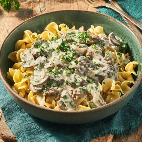 Delicious hamburger stroganoff served over egg noodles.