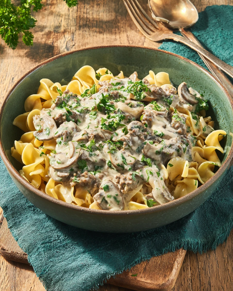 Delicious hamburger stroganoff served over egg noodles.