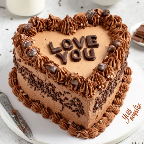 A delicious heart-shaped cake with chocolate frosting.