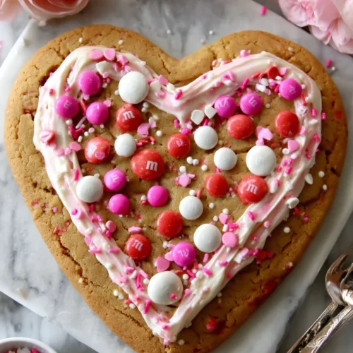 Delicious heart shaped cookie cake filled with M&M's and sprinkles
