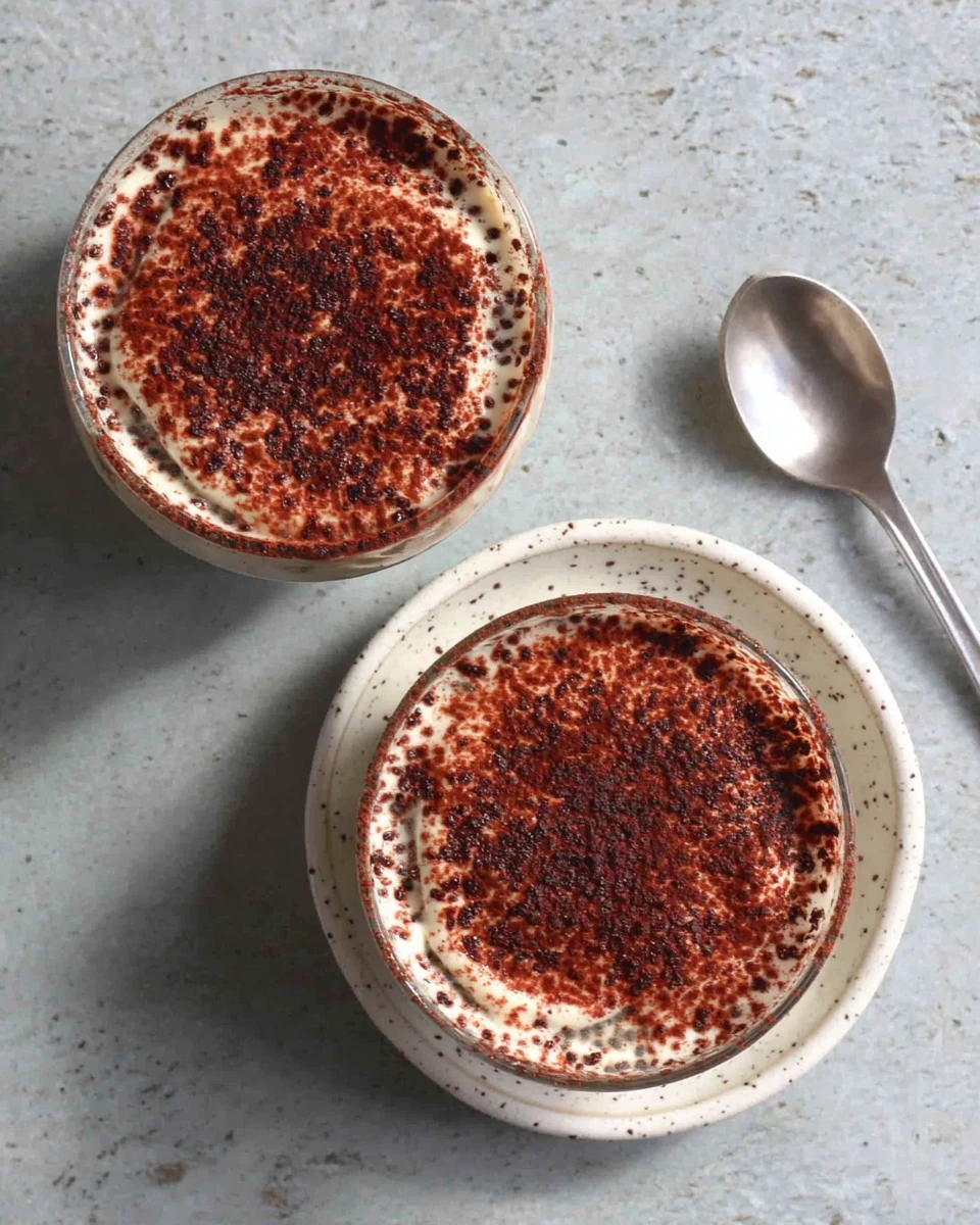 High protein tiramisu chia seed pudding with cocoa topping.
