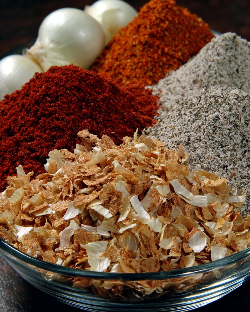 Homemade onion soup mix ingredients displayed artfully.