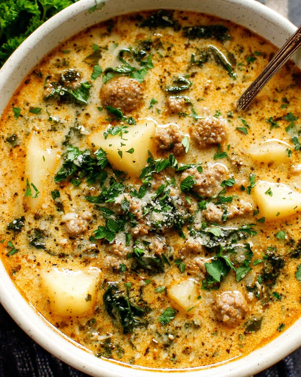 Delicious Italian sausage soup with potatoes and greens.