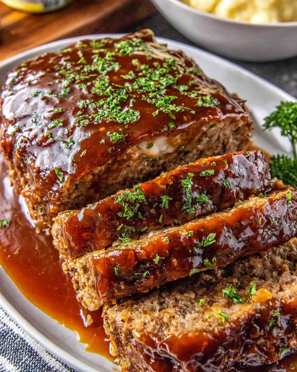 Tasty lipton meatloaf with a savory glaze on a plate