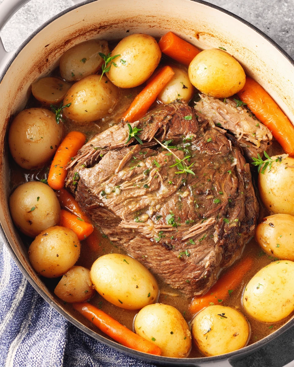 Lipton onion soup roast served with potatoes and carrots.