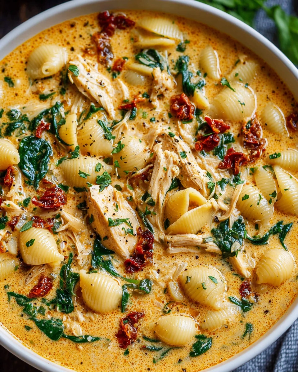Delicious Marry Me Chicken Soup with pasta and spinach.