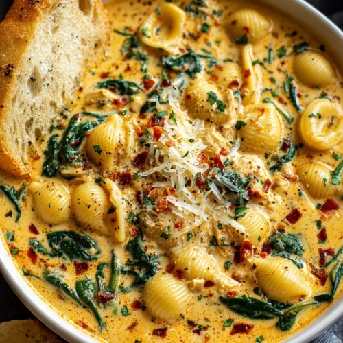 Delicious Marry Me Chicken Soup with shell pasta and chicken.