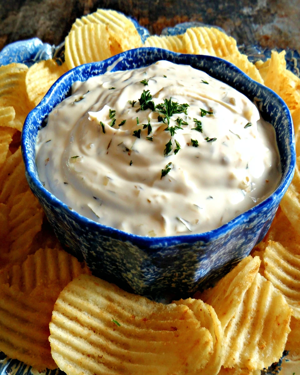 Delicious onion dip served with crispy potato chips.