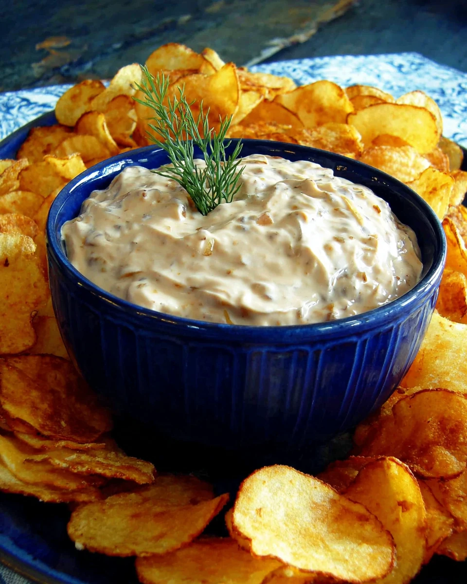 Creamy Onion Dip with Potato Chips Delicious onion dip perfect for parties and gatherings.