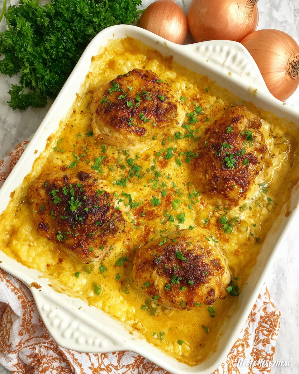 Comforting onion soup chicken casserole ready to serve.