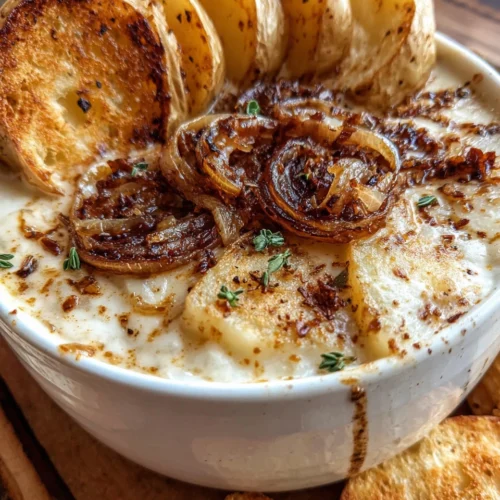A warm dish of onion soup potatoes, comforting and savory.