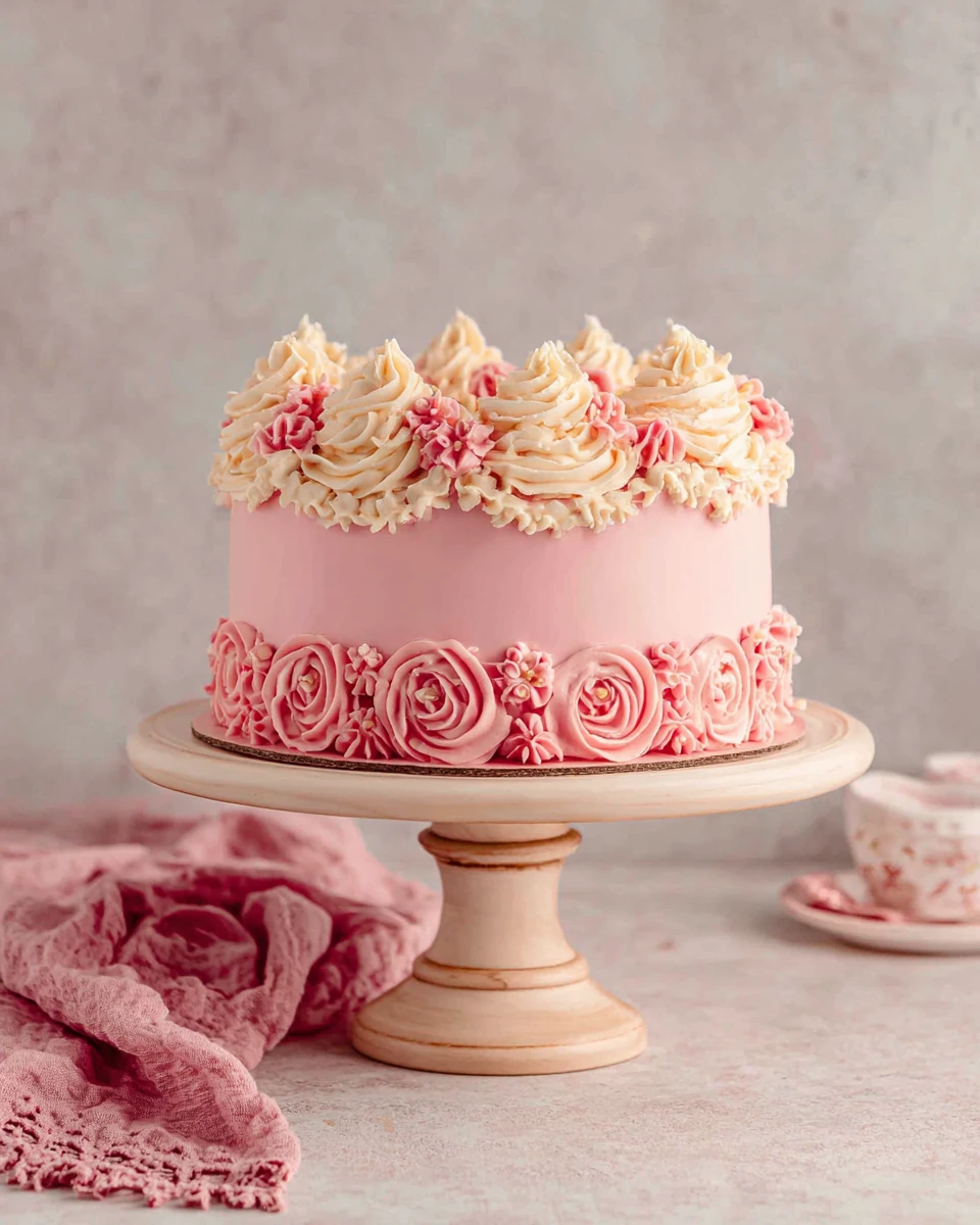 Delicious pink birthday cake perfect for any celebration.