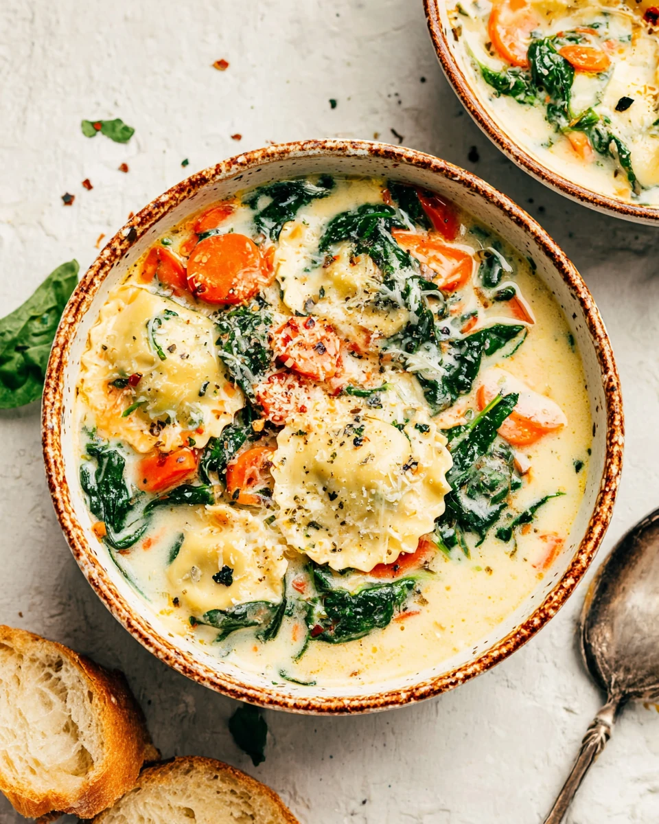 Delicious creamy soup with ravioli and spinach.