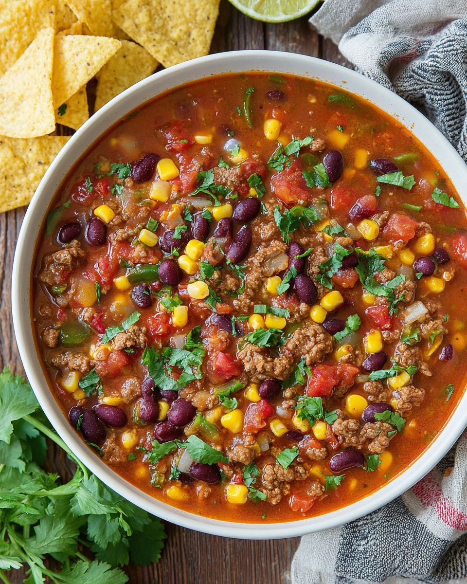 Delicious taco soup with beans, corn, and tortilla chips