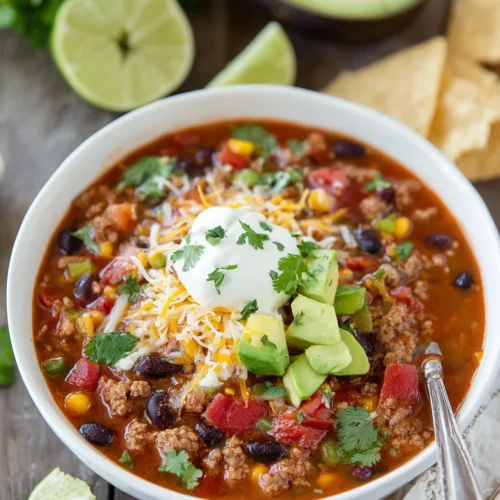 Enjoy this hearty taco soup packed with flavors.