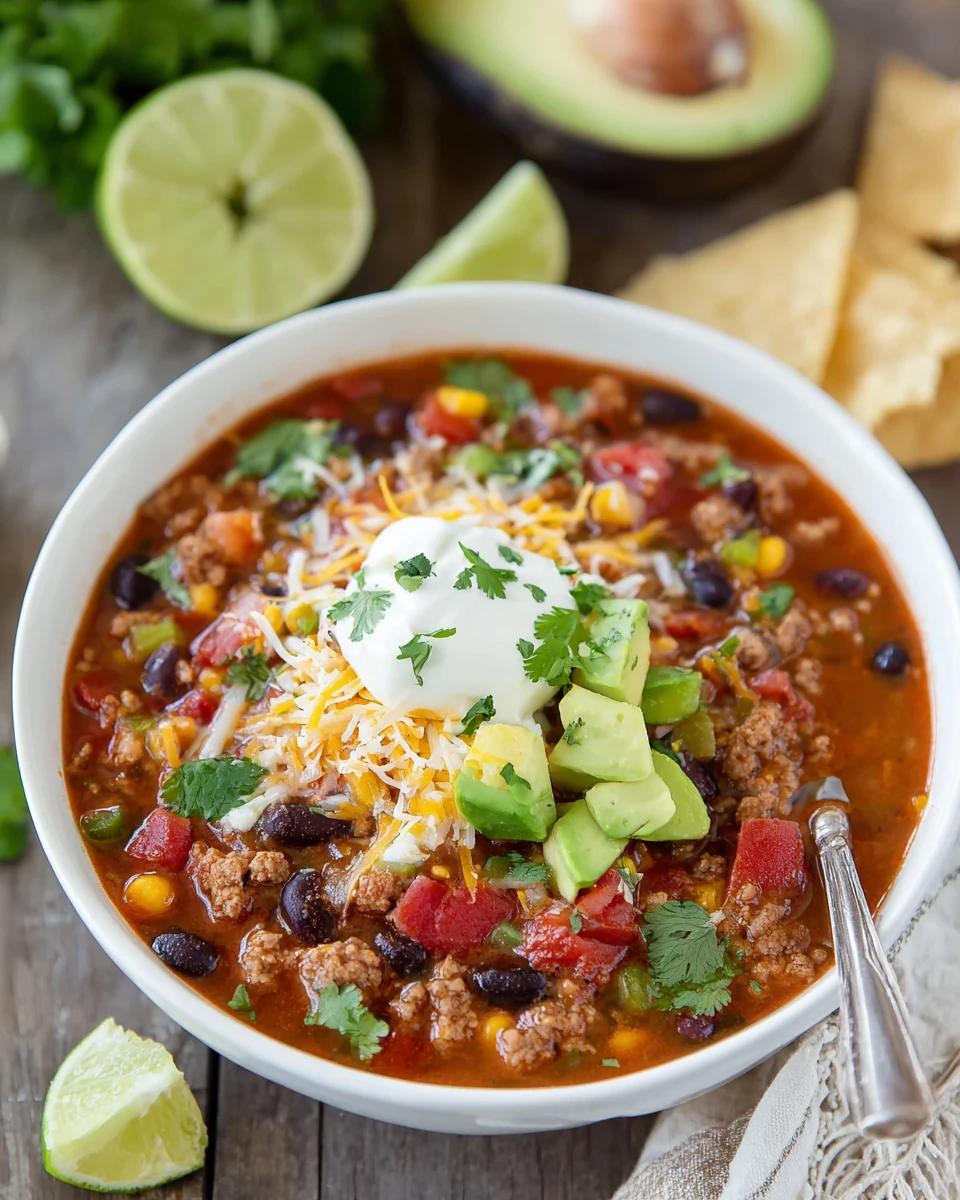 Enjoy this hearty taco soup packed with flavors.