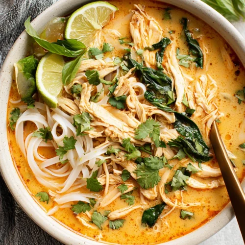Delicious Thai Chicken Soup for a Cozy Meal 1 Delicious Thai chicken soup with creamy coconut milk and rice noodles.