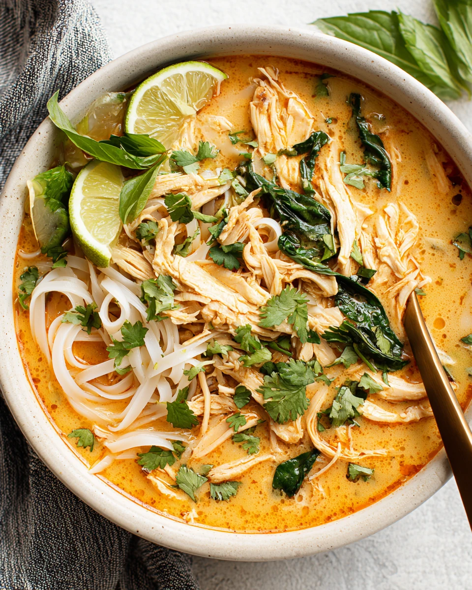 Delicious Thai chicken soup with creamy coconut milk and rice noodles.
