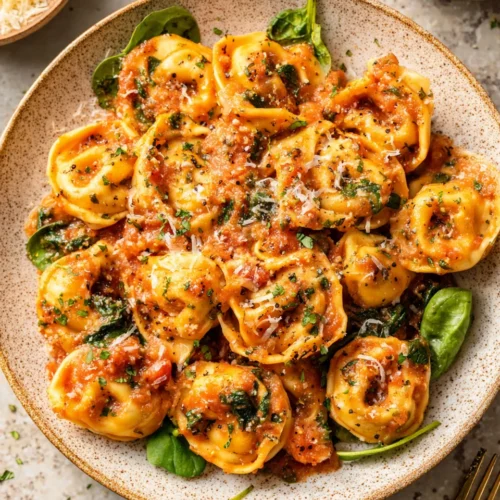 Ground turkey tortellini pasta in marinara sauce.