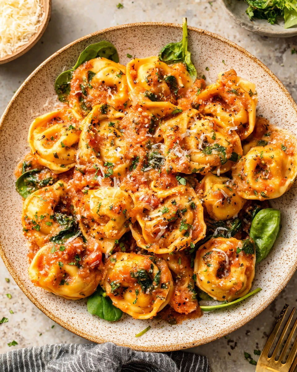 Ground turkey tortellini pasta in marinara sauce.