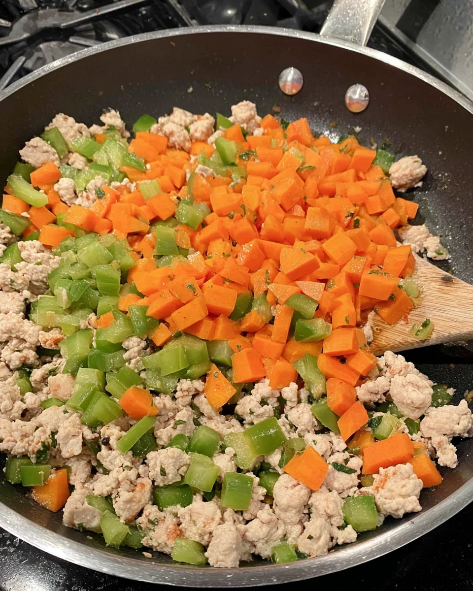 Cooked turkey burger casserole base with vegetables, perfect for a healthy dinner.