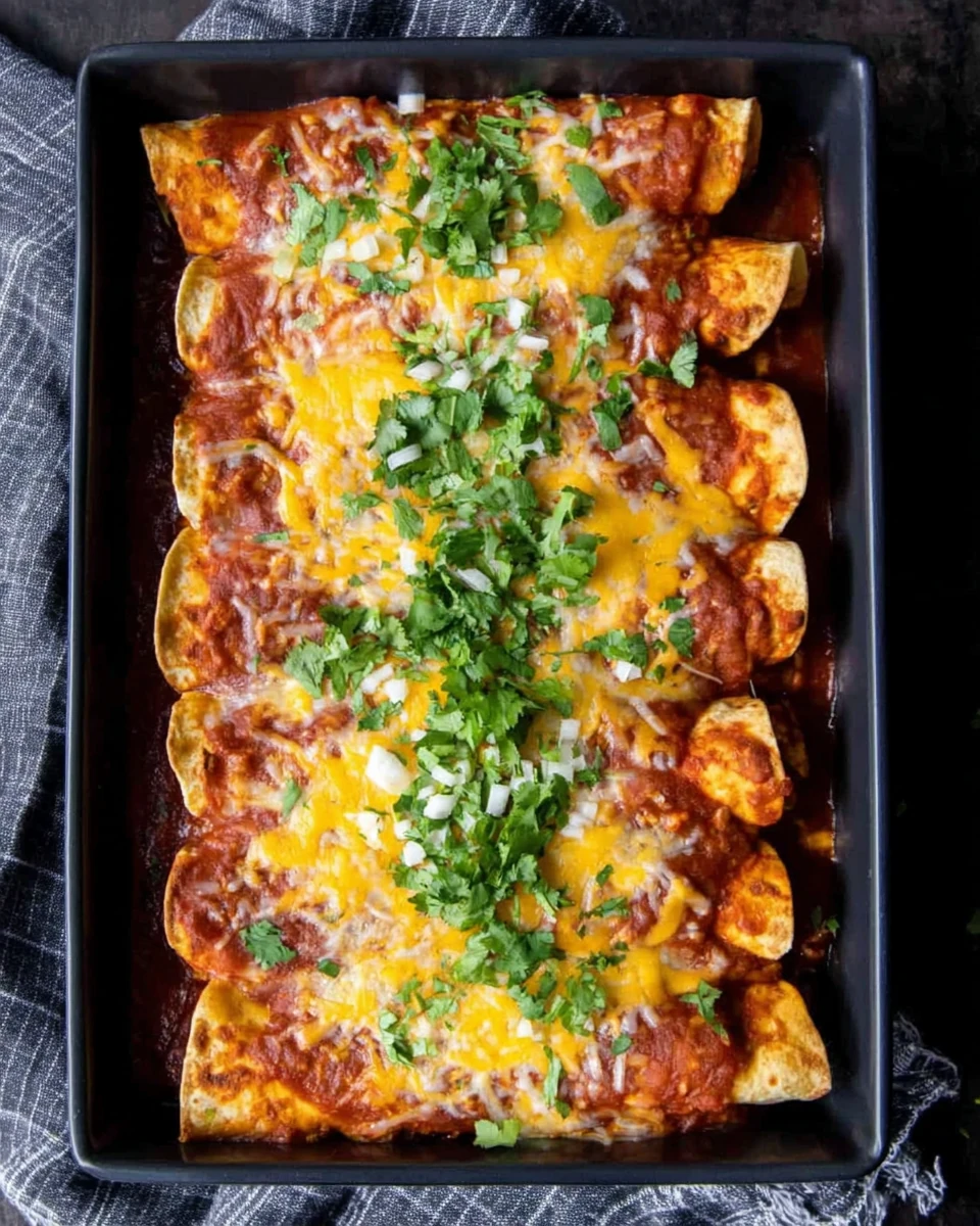 Turkey enchiladas topped with cheese and cilantro.