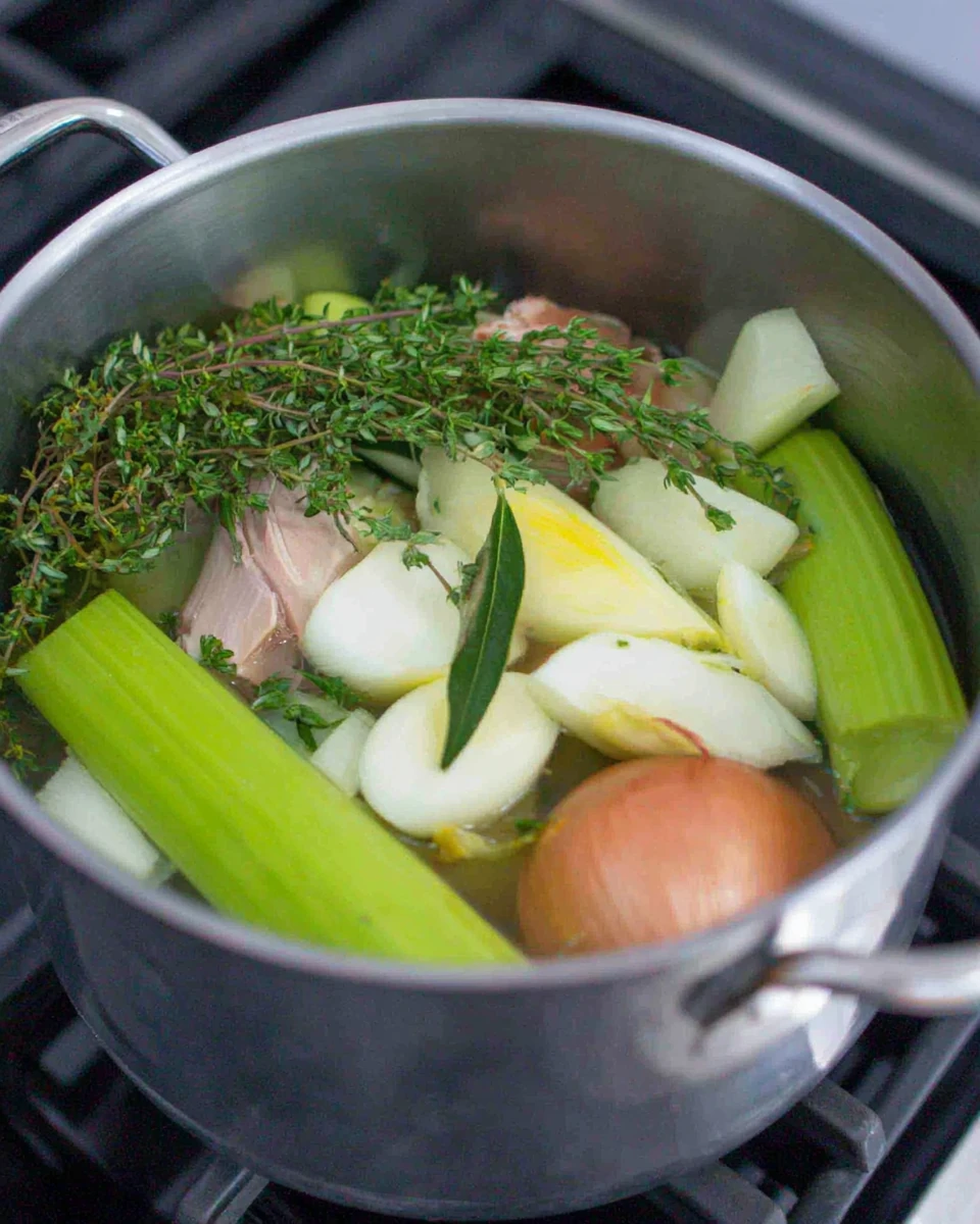 Delicious turkey soup preparation with fresh ingredients.