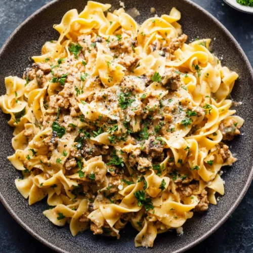 Creamy turkey stroganoff served over egg noodles.