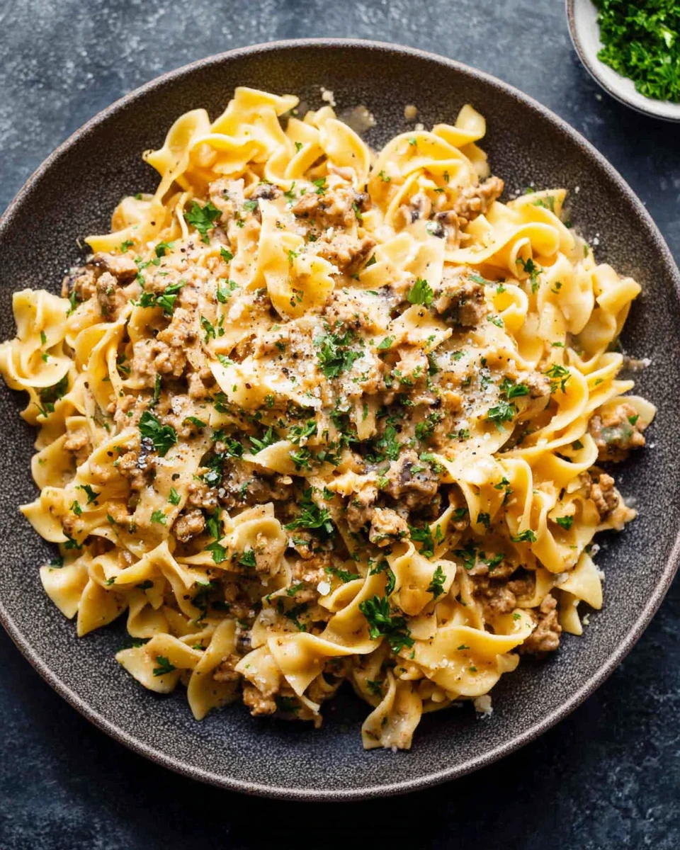 Creamy turkey stroganoff served over egg noodles.