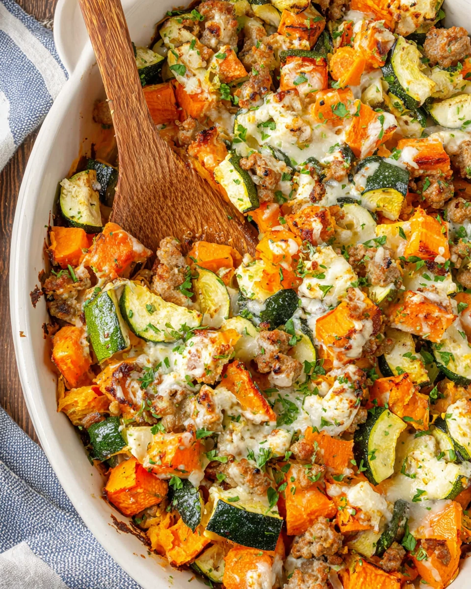 Turkey sweet potato bake with ground turkey, zucchini, melted cheese and parsley